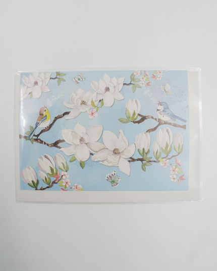 Wenskaart bloemen en vogels, blauw (F11173)