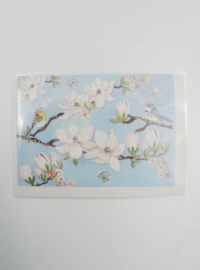 Wenskaart bloemen en vogels, blauw (F11173)