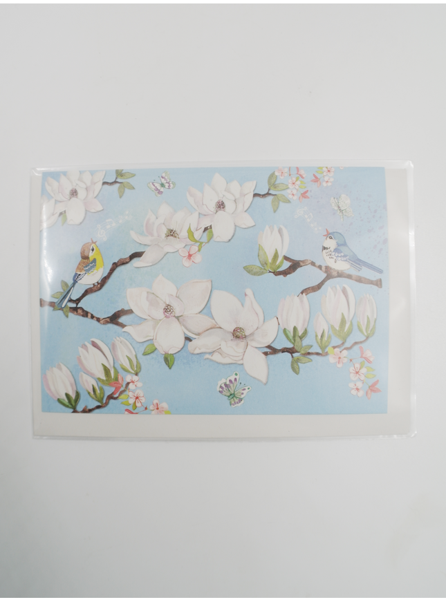 Wenskaart bloemen en vogels, blauw (F11173)