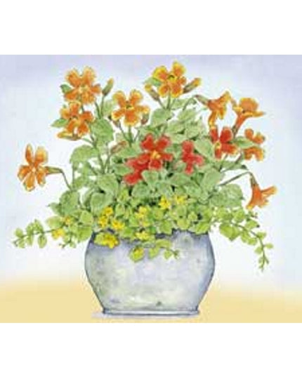 Greeting card orange/yellow flowers in pot (F11488)