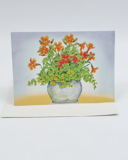 Greeting card orange/yellow flowers in pot (F11488)