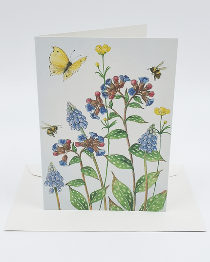 Greeting card grape hyacinths lungwort butterfly (F12218)