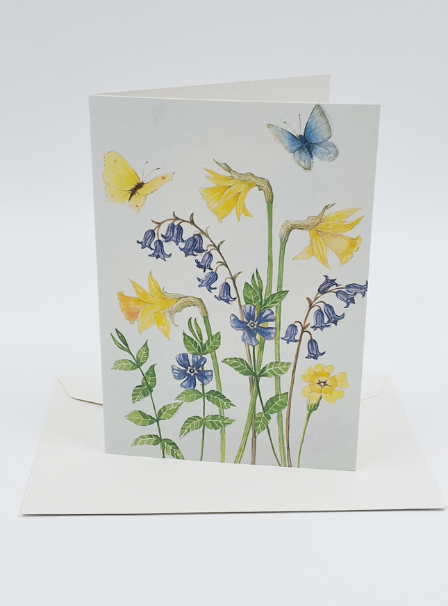 Wenskaart narcissen boshyacinten vlinders (F12219)