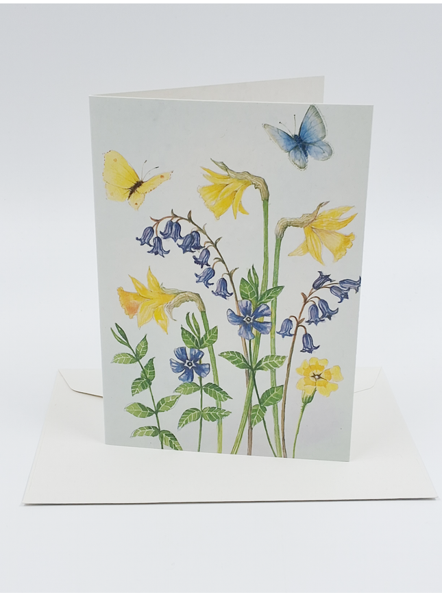 Wenskaart narcissen boshyacinten vlinders (F12219)