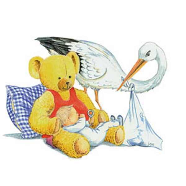 Wenskaart ooievaar baby beer (F12311)
