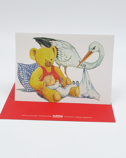 Wenskaart ooievaar baby beer (F12311)