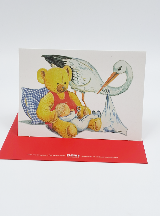 Wenskaart ooievaar baby beer (F12311)