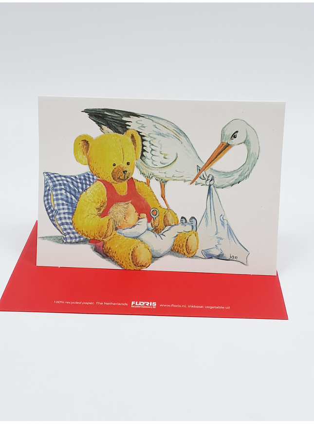 Wenskaart ooievaar baby beer (F12311)