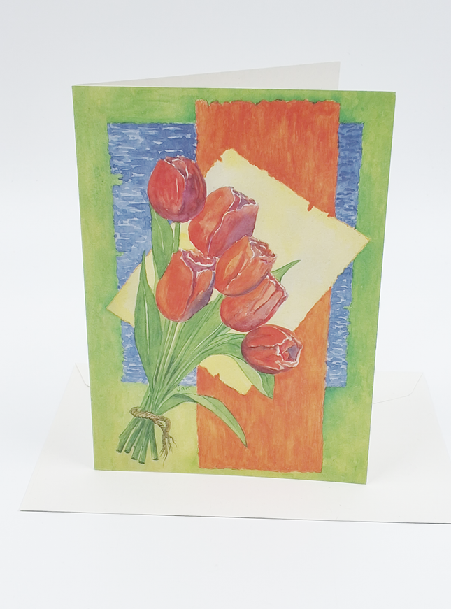 Wenskaart bos rode tulpen (F12340)