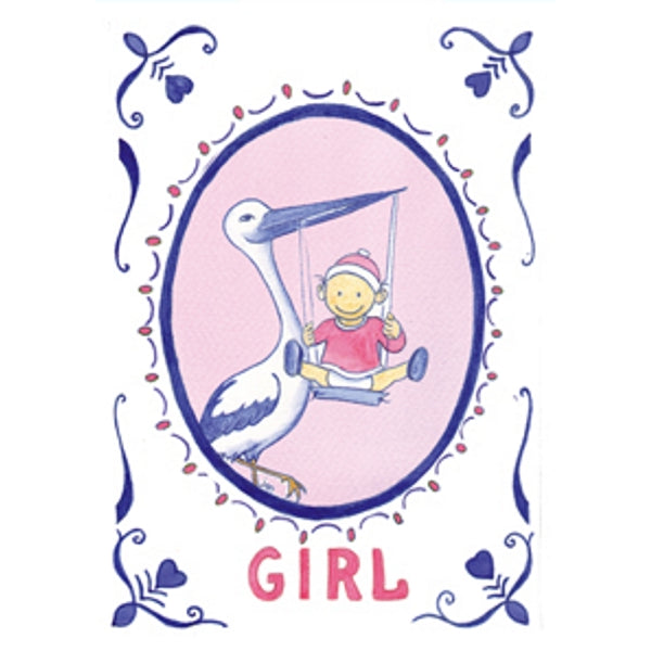 Wenskaart ooievaar geboorte girl (F12357)