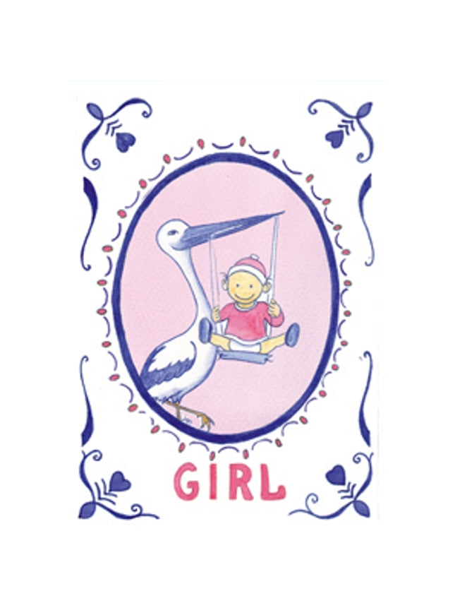 Wenskaart ooievaar geboorte girl (F12357)