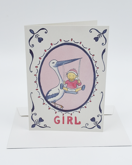 Greeting card stork birth girl (F12357)