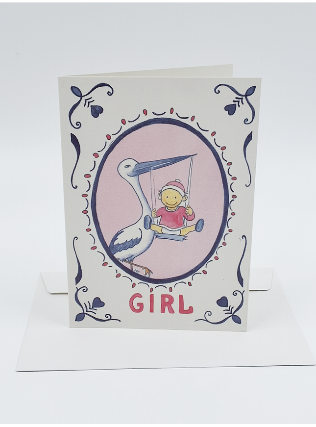 Wenskaart ooievaar geboorte girl (F12357)