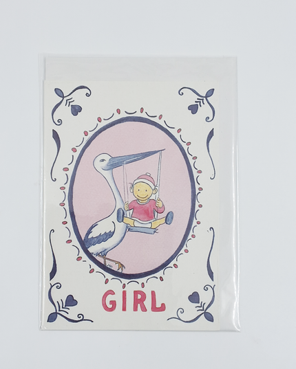 Greeting card stork birth girl (F12357)