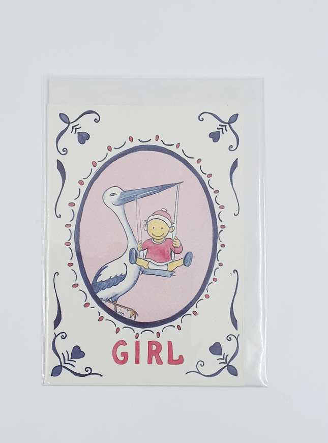 Wenskaart ooievaar geboorte girl (F12357)