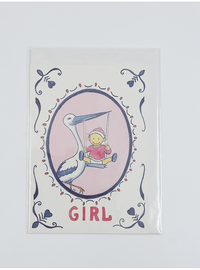Wenskaart ooievaar geboorte girl (F12357)