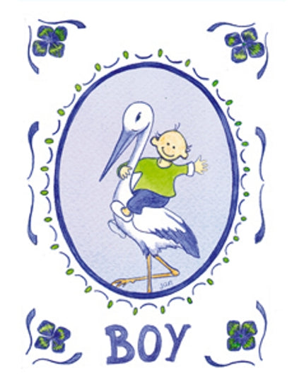 Wenskaart ooievaar geboorte boy (F12358)