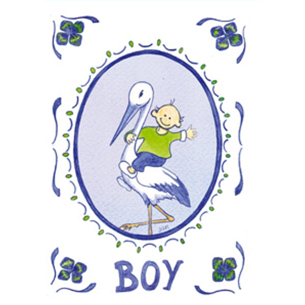 Wenskaart ooievaar geboorte boy (F12358)
