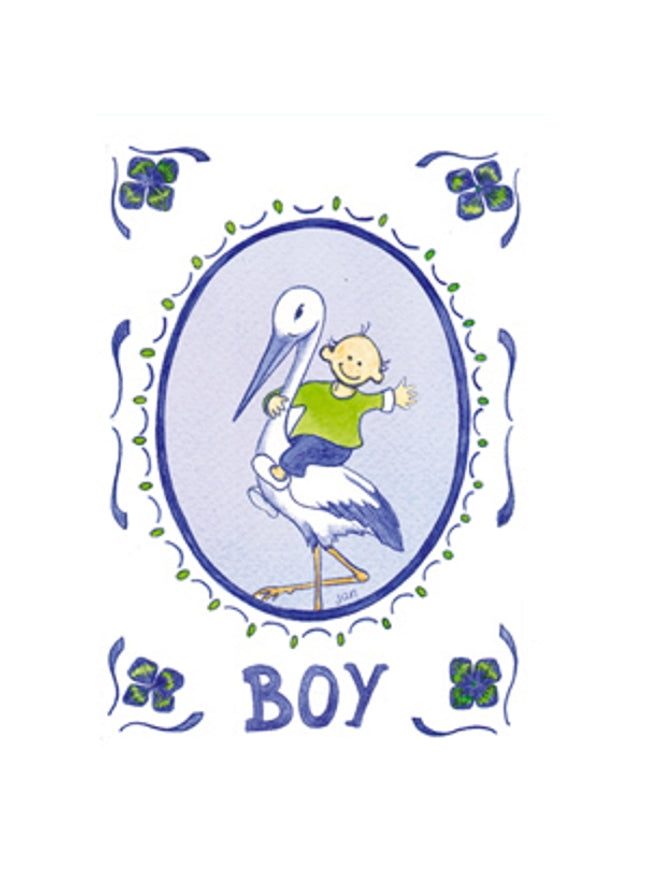 Wenskaart ooievaar geboorte boy (F12358)