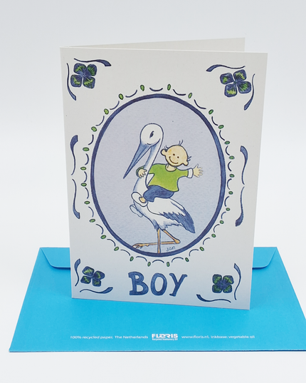 Wenskaart ooievaar geboorte boy (F12358)