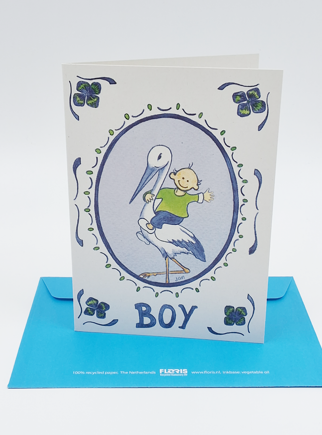 Wenskaart ooievaar geboorte boy (F12358)