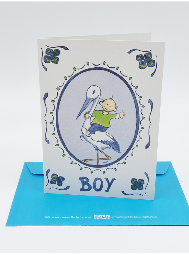 Wenskaart ooievaar geboorte boy (F12358)