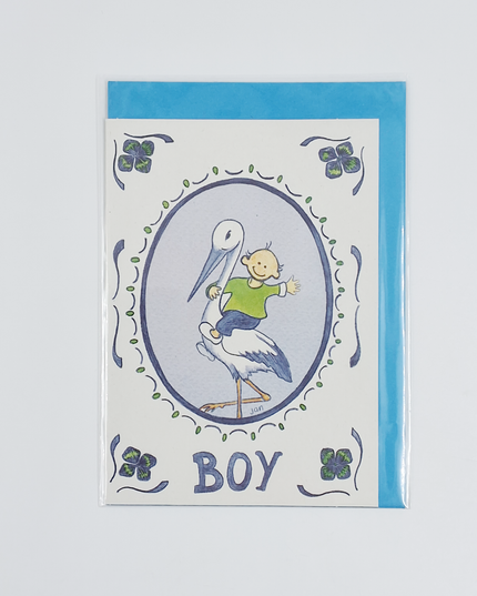 Wenskaart ooievaar geboorte boy (F12358)