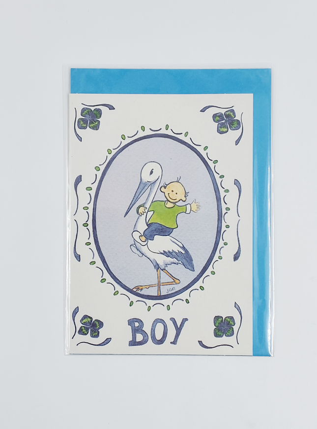Wenskaart ooievaar geboorte boy (F12358)