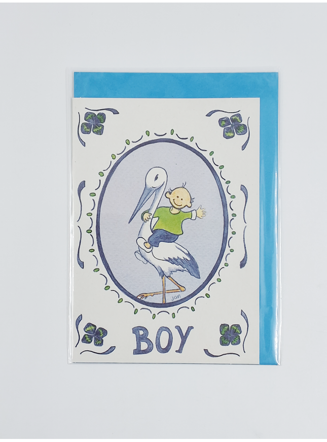 Wenskaart ooievaar geboorte boy (F12358)