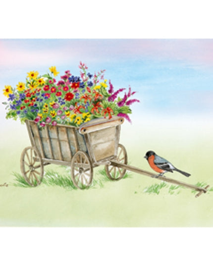 Greeting card wagon flowers bullfinch (F12380)