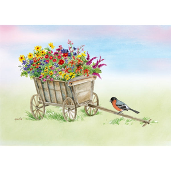 Wenskaart bolderkar bloemen goudvink (F12380)