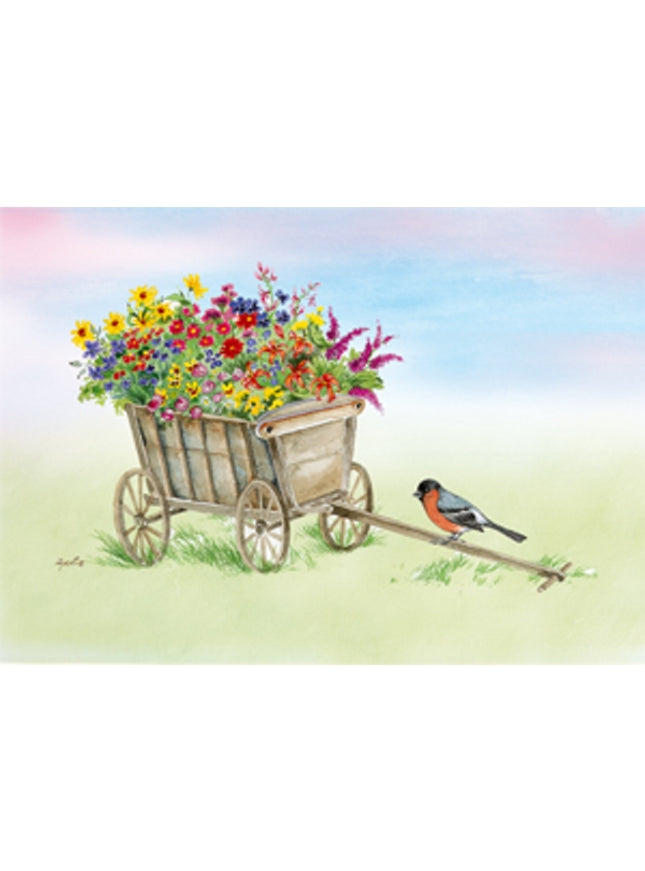 Wenskaart bolderkar bloemen goudvink (F12380)