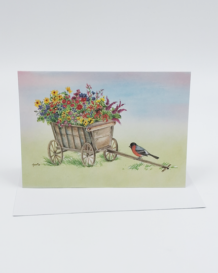 Greeting card wagon flowers bullfinch (F12380)