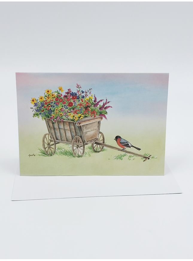 Wenskaart bolderkar bloemen goudvink (F12380)