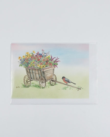 Greeting card wagon flowers bullfinch (F12380)