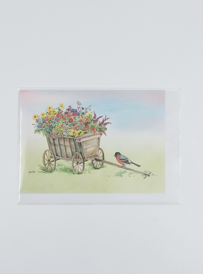 Wenskaart bolderkar bloemen goudvink (F12380)