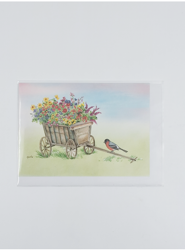 Wenskaart bolderkar bloemen goudvink (F12380)
