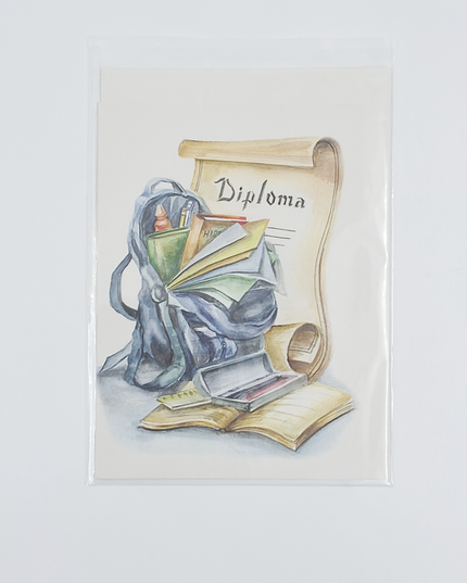 Wenskaart schooltas, diploma (F12422)
