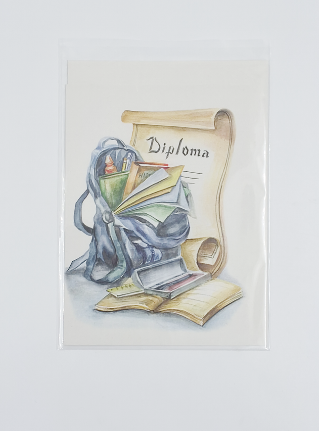 Wenskaart schooltas, diploma (F12422)