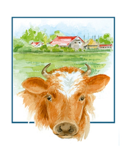Greeting card farm and cow (F12480)