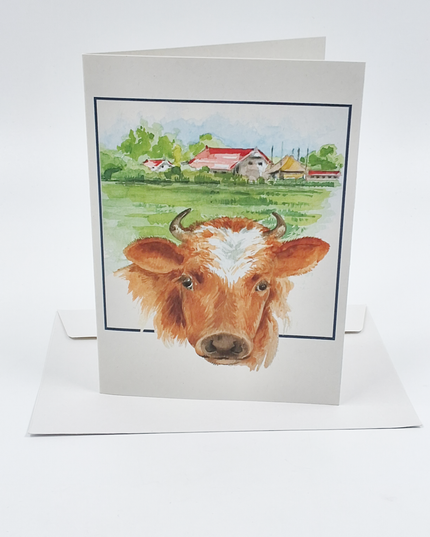 Greeting card farm and cow (F12480)