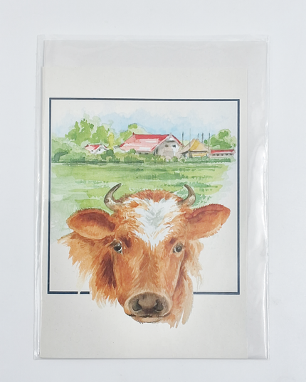 Greeting card farm and cow (F12480)