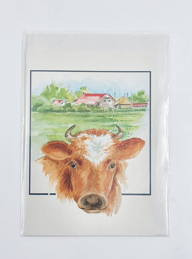 Wenskaart boerderij en koe (F12480)