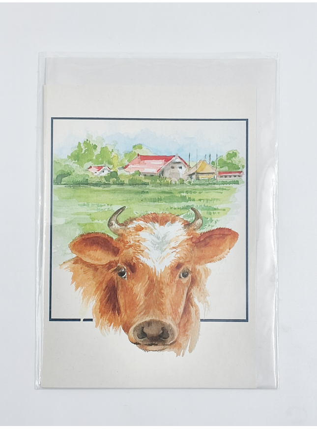 Wenskaart boerderij en koe (F12480)