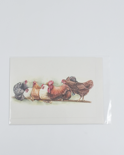 Greeting card rooster and hens on perch (F12507)