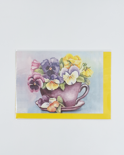Greeting card cup and saucer violets (F12552)