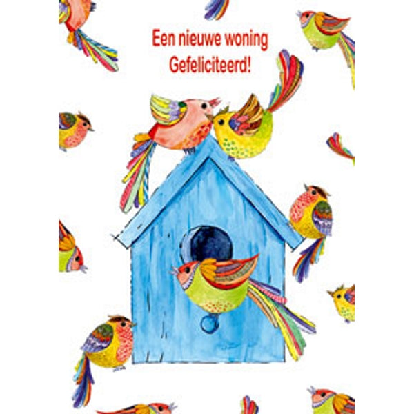 Wenskaart vogelhuis vogels, nieuwe woning (F12699)
