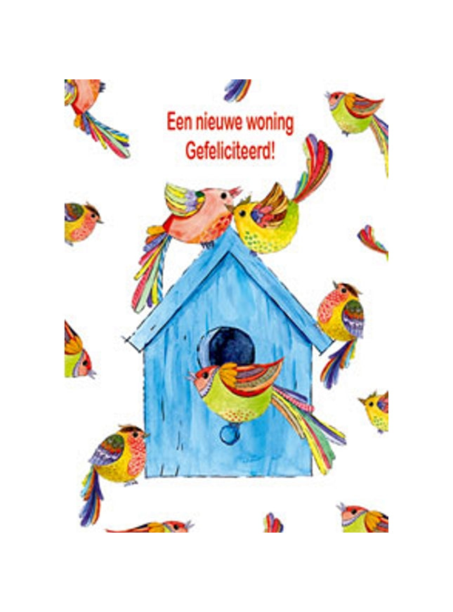 Wenskaart vogelhuis vogels, nieuwe woning (F12699)