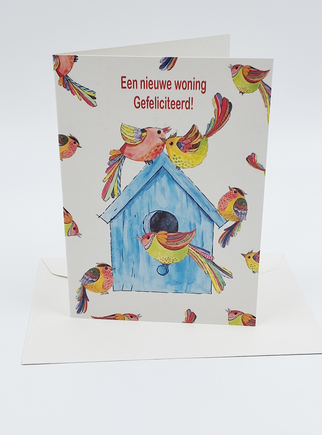 Wenskaart vogelhuis vogels, nieuwe woning (F12699)
