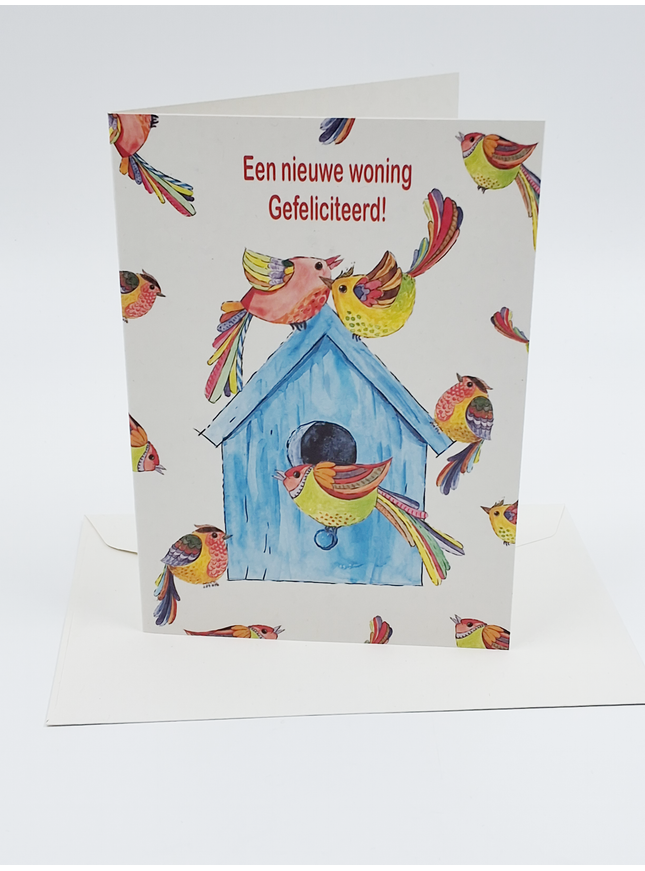 Wenskaart vogelhuis vogels, nieuwe woning (F12699)